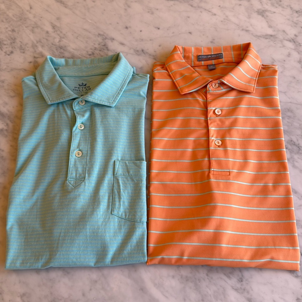 Peter Millar Aqua Polo & Coral Striped Polo - Men's Pair